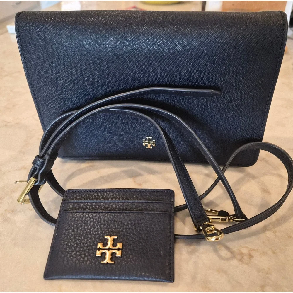 Tory Burch Robinson Navy Saffiano Leather Convertible Shoulder Bag Card Holder